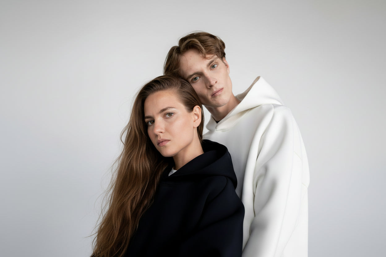 Two people posing closely against a plain background