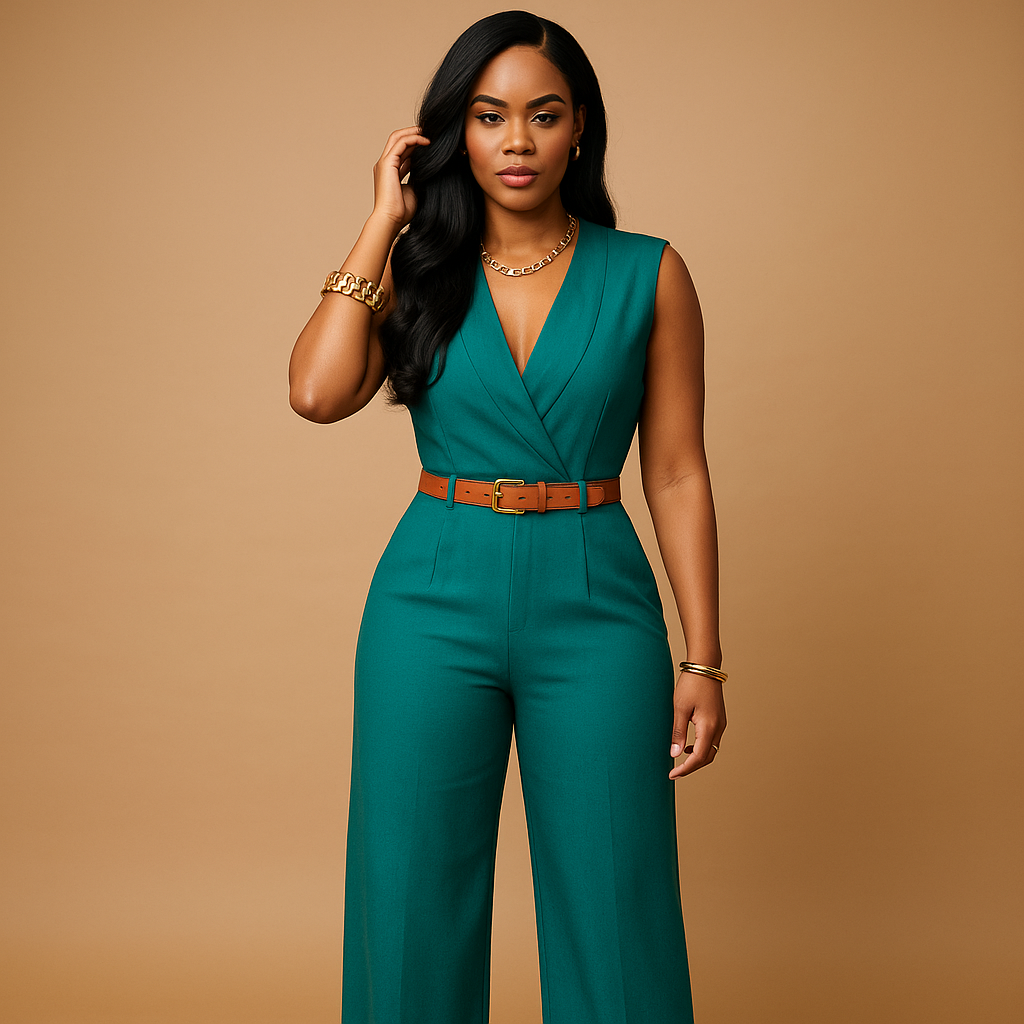 Deep V-Neck High Waist Jumpsuit for Women | Elegant Evening Wear, Versatile Fashion Piece