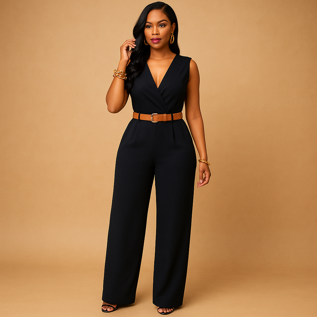 Deep V-Neck High Waist Jumpsuit for Women | Elegant Evening Wear, Versatile Fashion Piece