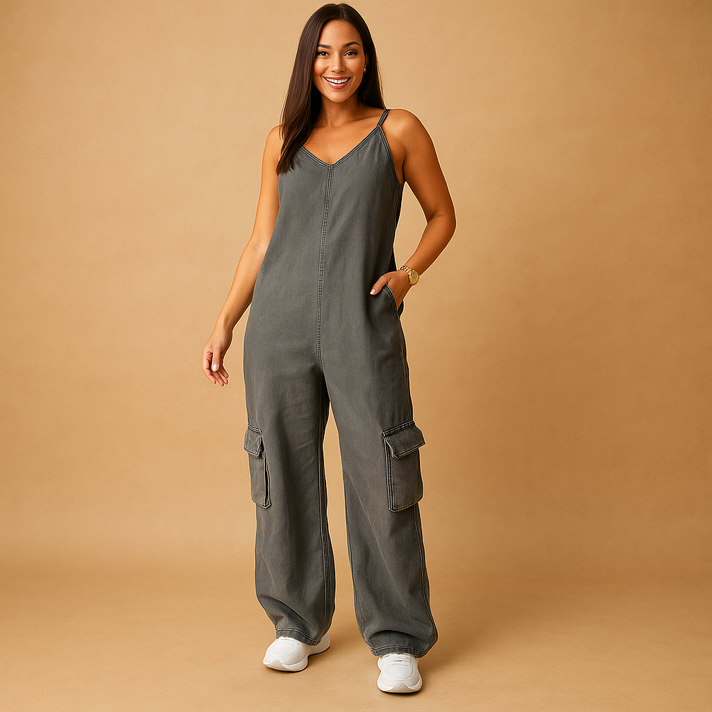Denim V-neck Jumpsuit for Women | Casual Chic Style | Versatile Everyday Wear