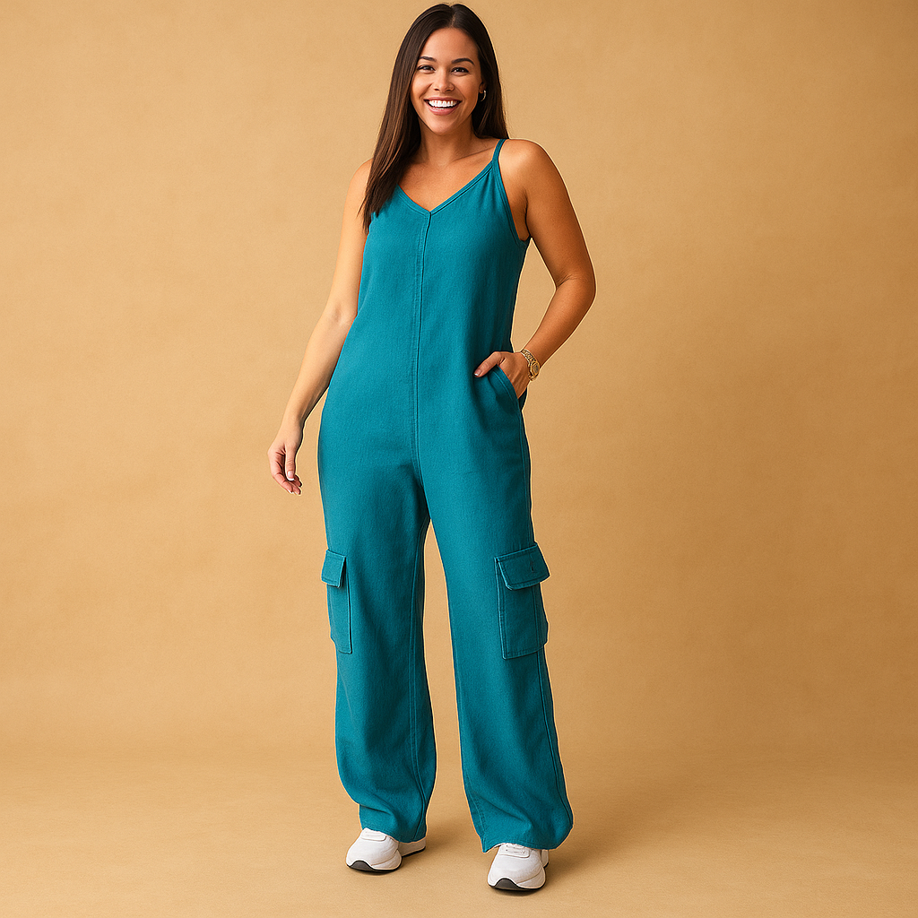 Denim V-neck Jumpsuit for Women | Casual Chic Style | Versatile Everyday Wear