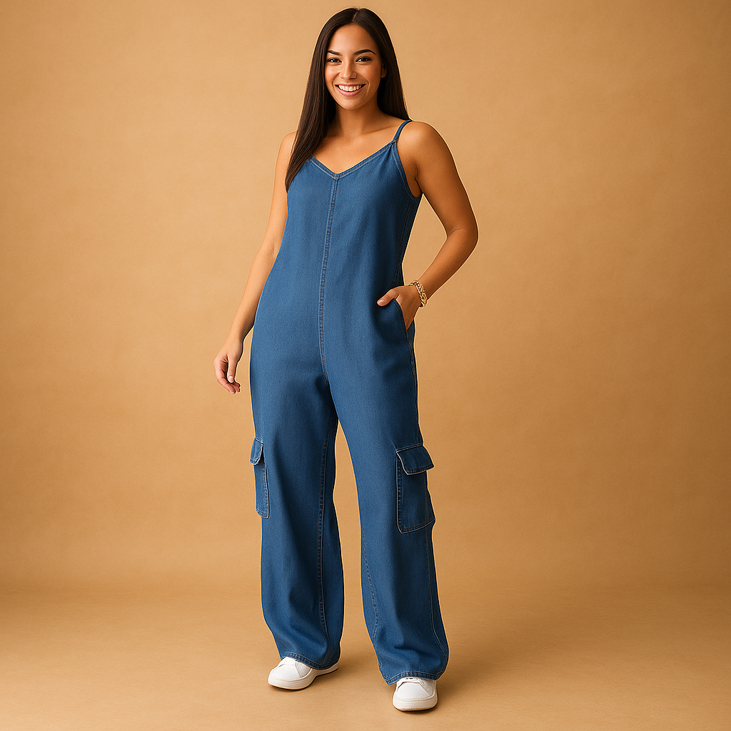 Denim V-neck Jumpsuit for Women | Casual Chic Style | Versatile Everyday Wear