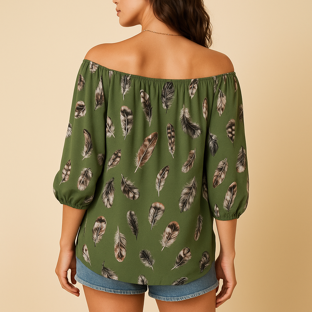Feather Print V-Neck Blouse for Women | Lightweight Casual Top for Everyday Wear