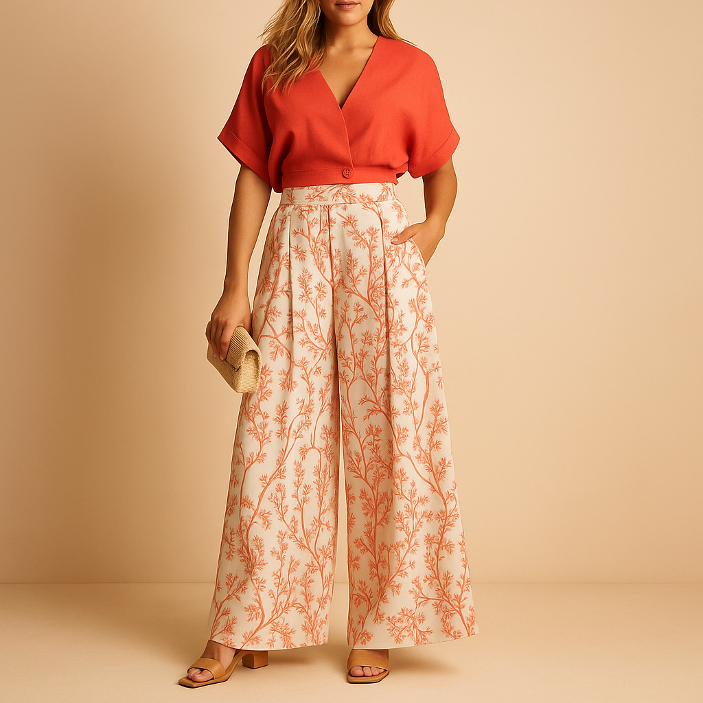 Floral Print Women's Summer Set - Lightweight Top and Wide Leg Pants for Casual Wear