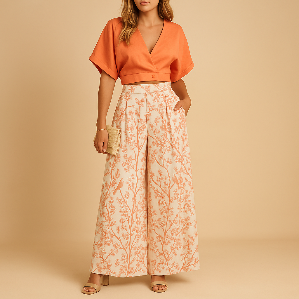 Floral Print Women's Summer Set - Lightweight Top and Wide Leg Pants for Casual Wear