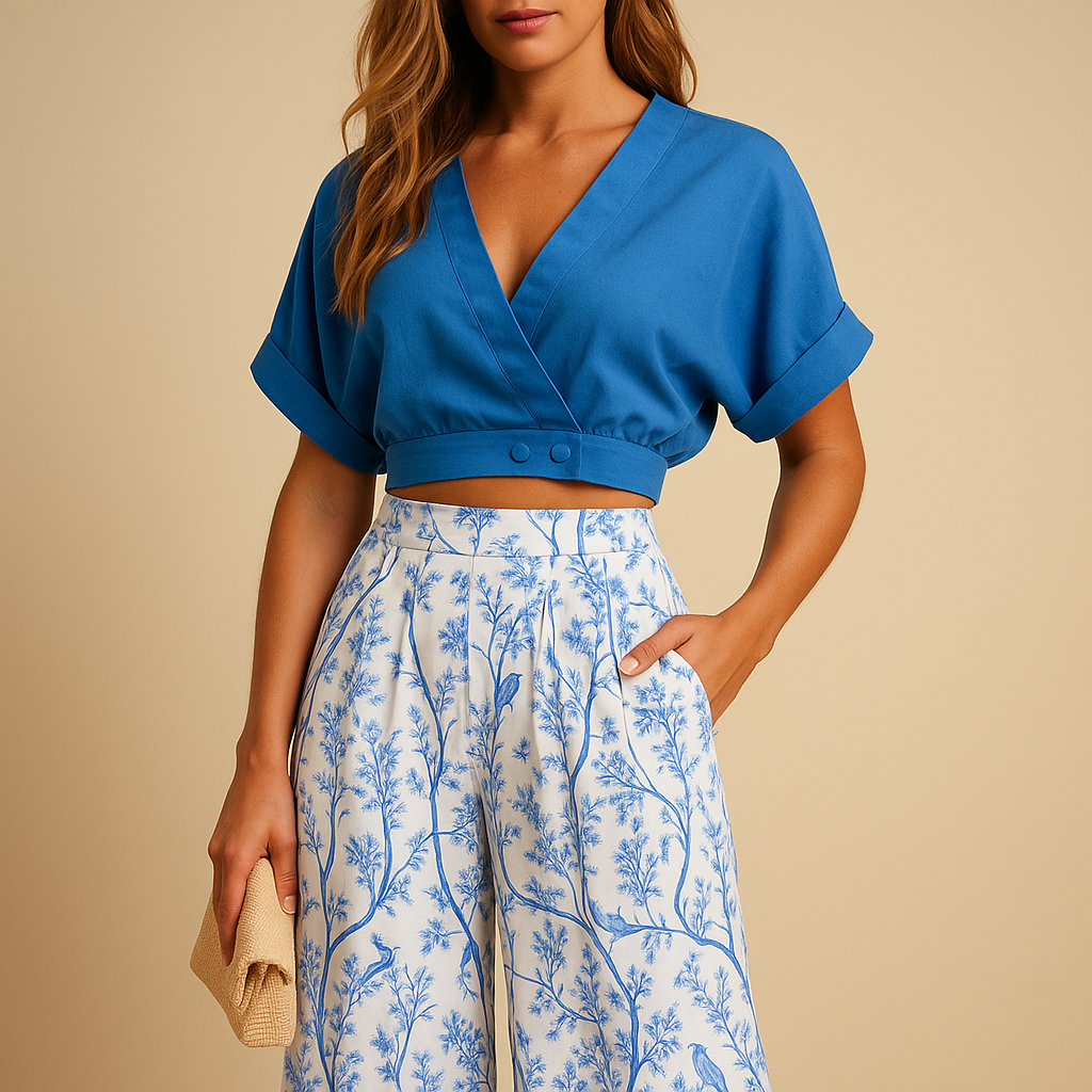 Floral Print Women's Summer Set - Lightweight Top and Wide Leg Pants for Casual Wear