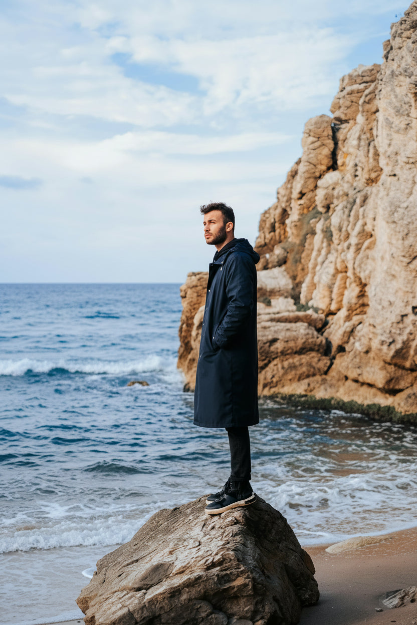 Man standing on a rock by the ocean with cliffs in the background